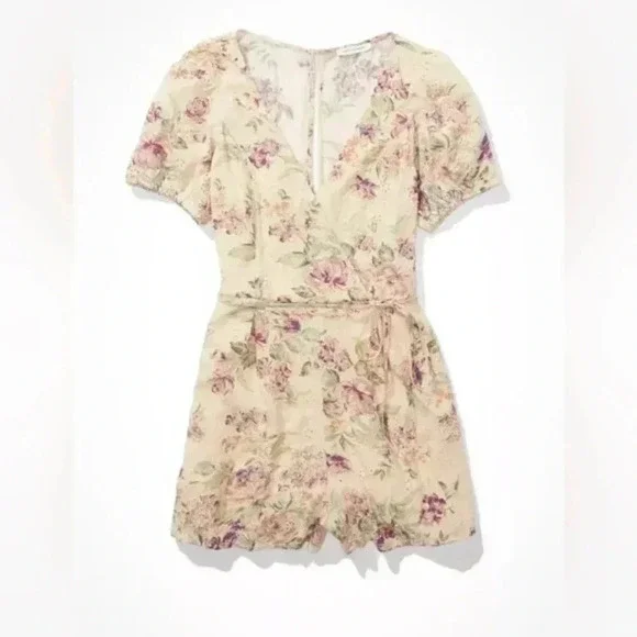 American  Eagle Floral Romper Wrap Front Cream Playsuit Cottage Core Size XS - Picture 4 of 16